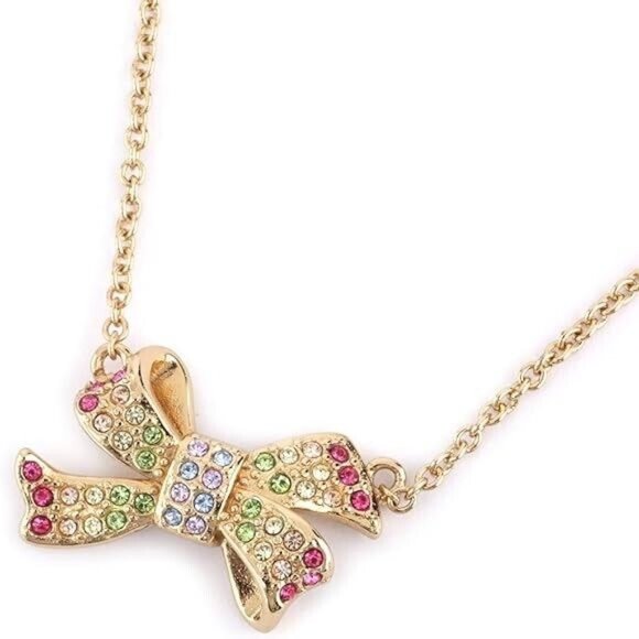 New & Original $118 COACH Pavé Bow Pendant Necklace Rhinestone 16" + 2" Length - Picture 1 of 8